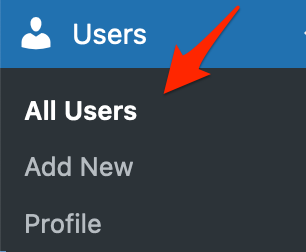 Screen Shot of WordPress Dashboard Users' Submenu with an arrow pointed to "All Users" Item