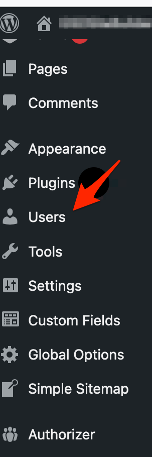 Screen Shot of WordPress Dashboard Menu with an arrow pointed to the Users menu item